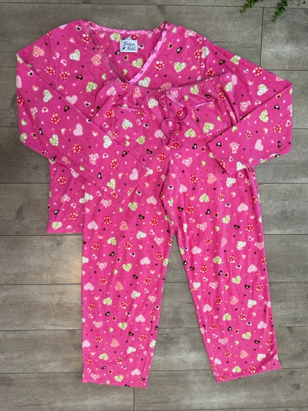 Vintage 90s Women’s Heart-Print Pink Cozy Pajama Set Medium Long Slv Fleece
